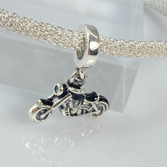 Silver with Black Enamel Motorcycle Dangle Charm - Picture 2 of 9